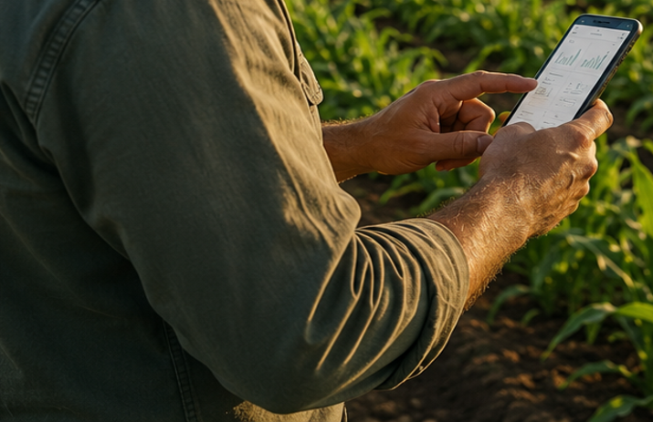 Agricoltore che controlla i dati del campo da smartphone